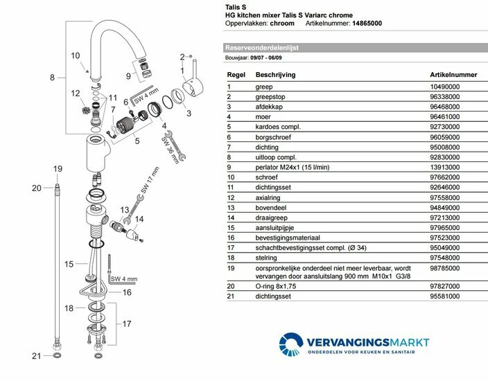 Hansgrohe Talis S Variarc 14865000 onderdelen